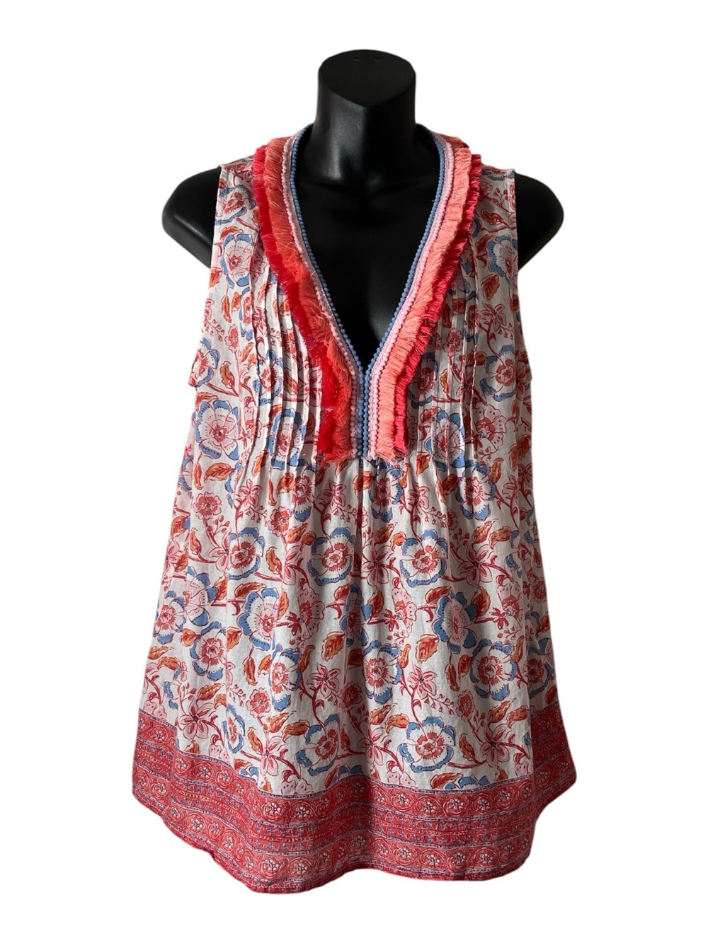 Vineyard Vines Cream Floral Sleeveless Tunic with Coral Trim Sz M 100% cotton